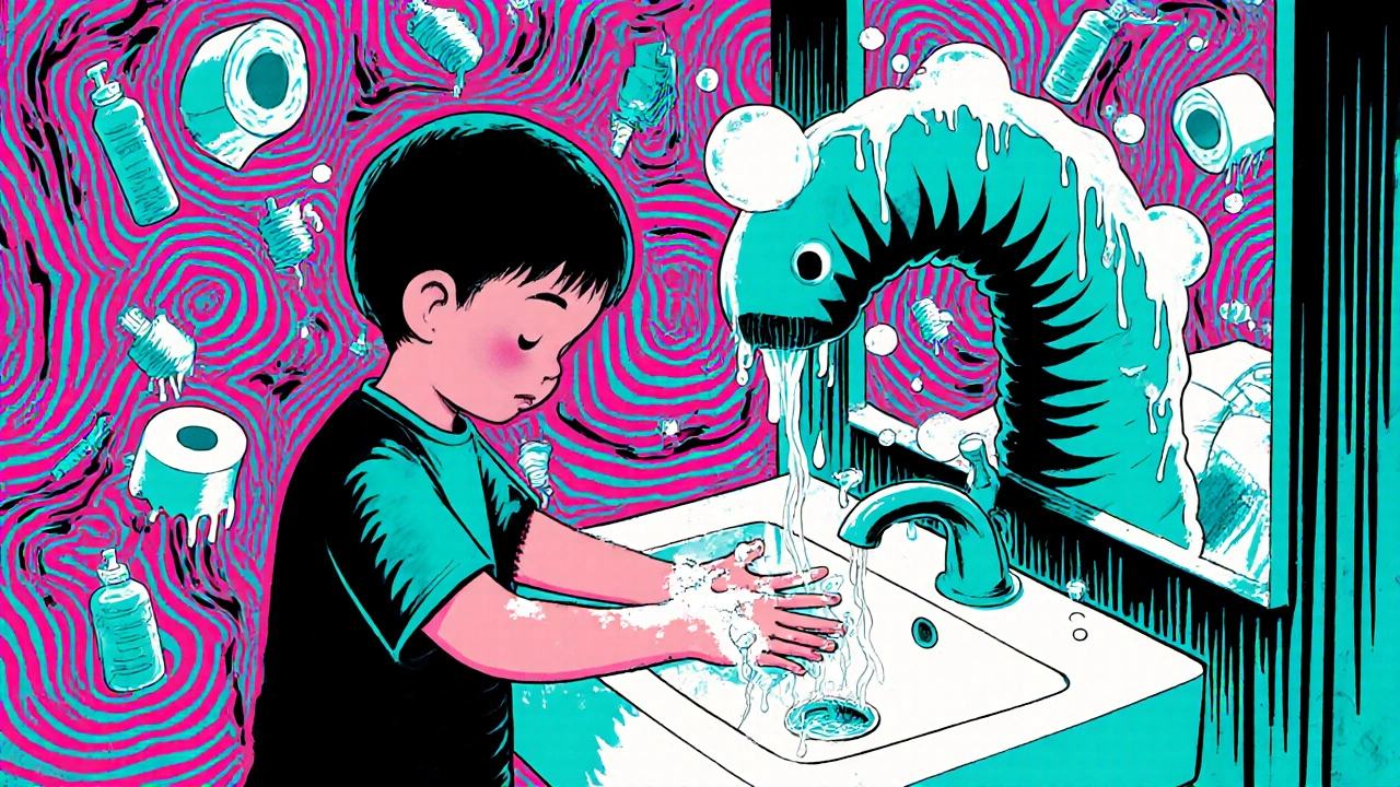 A child washes hands under a worm-shaped faucet as soap bubbles turn into vanishing worms in a swirling, vibrant bathroom.