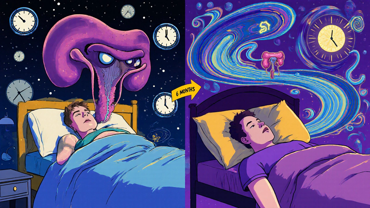 A man sleeping peacefully beside a small prostate, contrasted with his previous restless nights, shown in swirling psychedelic style.