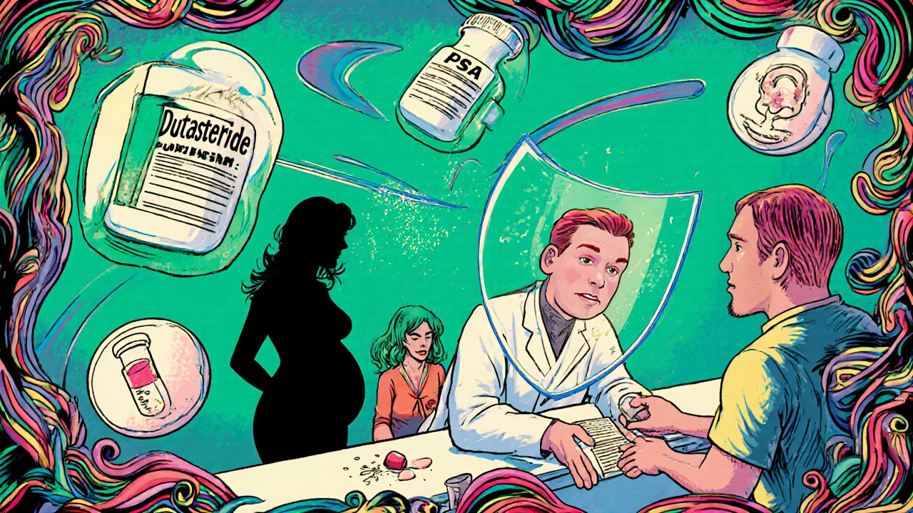 A pharmacy scene with a protective capsule shield and a recoiling pregnant figure, symbolizing Avodart&#039;s safety warnings.