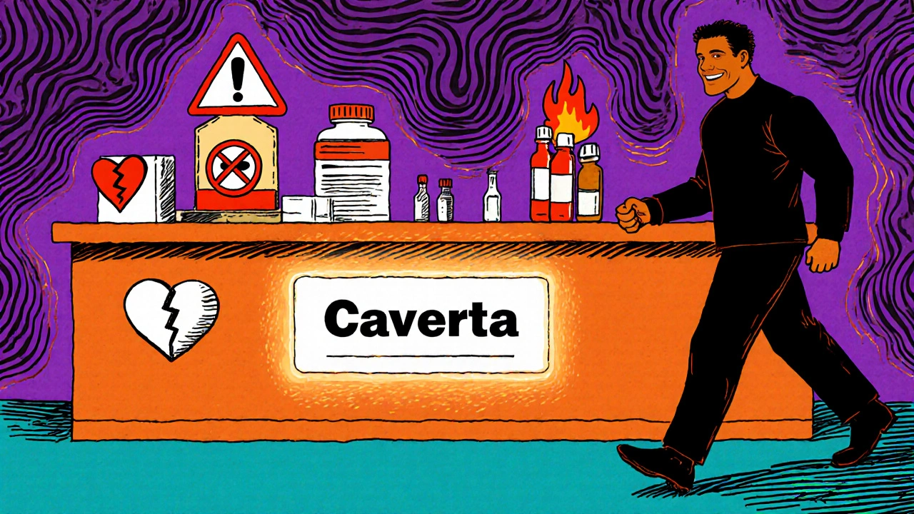 Pharmacy scene with safety warnings and healthy silhouette in vibrant psychedelic art.