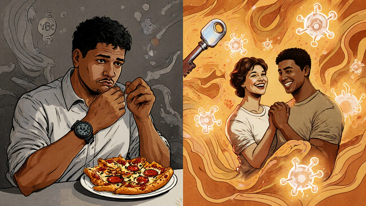 Split scene showing food delay vs. successful intimacy with molecular blocking imagery.