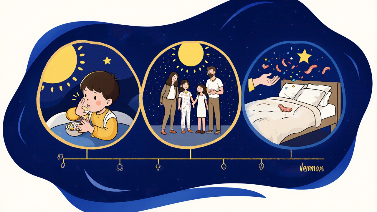 Three interconnected scenes show worm infection, treatment, and hygiene in a cosmic, flowing illustration with glowing elements.