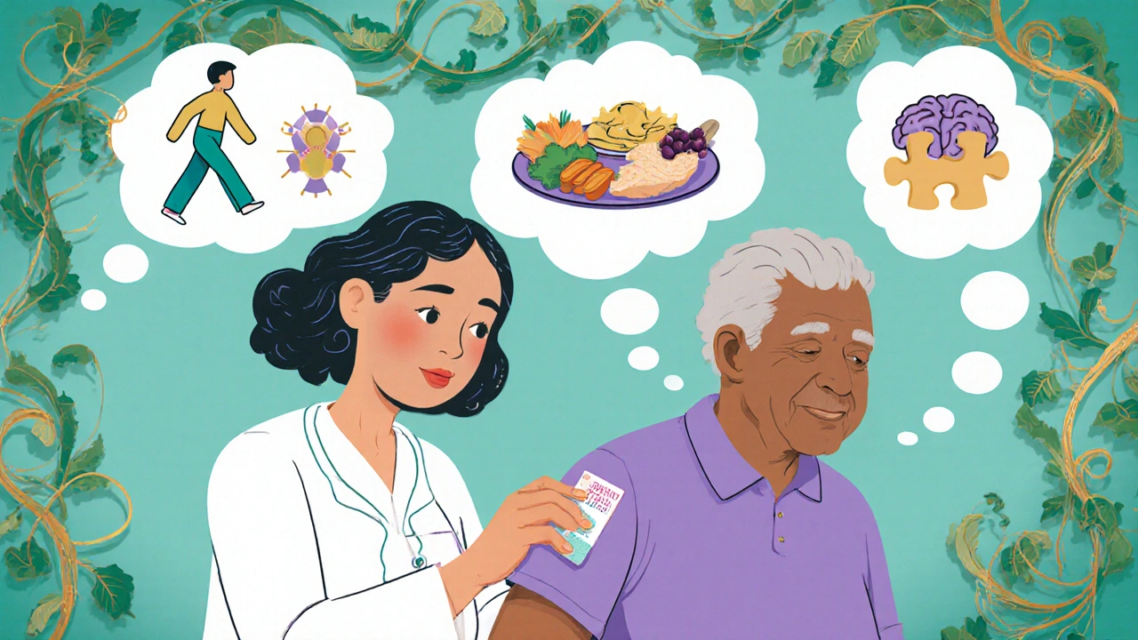 Caregiver applying rivastigmine patch to elderly patient, surrounded by lifestyle icons.