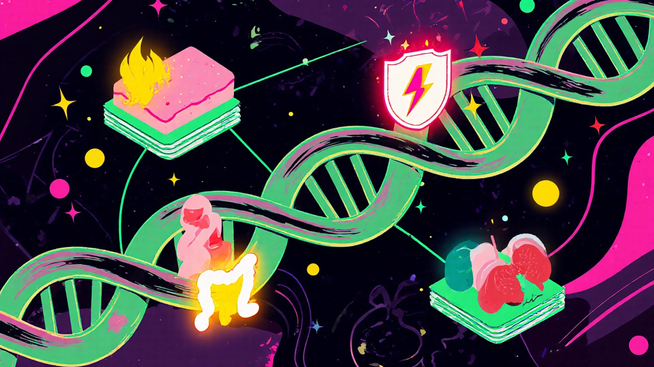 Cartoon DNA helix linking gene icons to melanoma, breast, colon, and lung cancers.