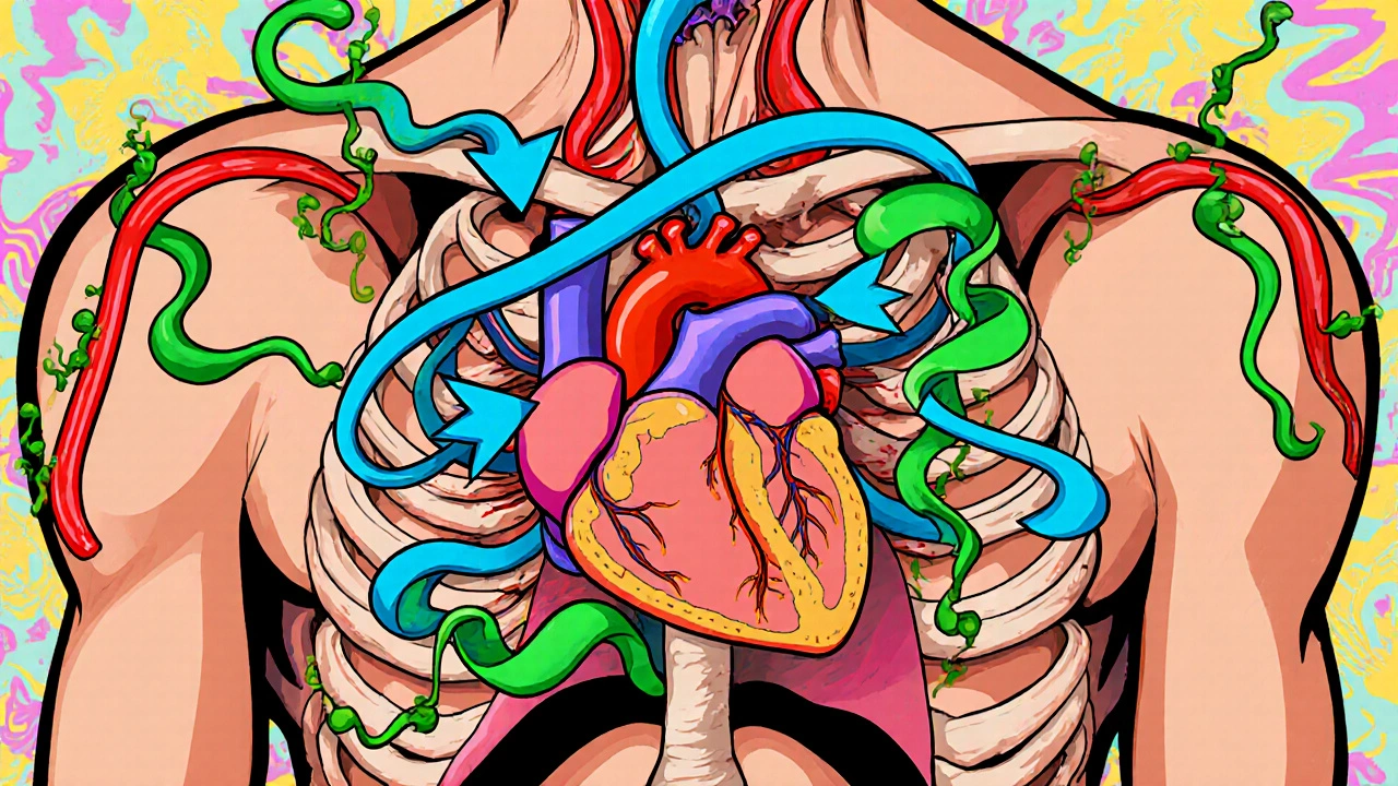 Cartoon heart showing blue arrows slowing rhythm and green ribbons widening arteries.