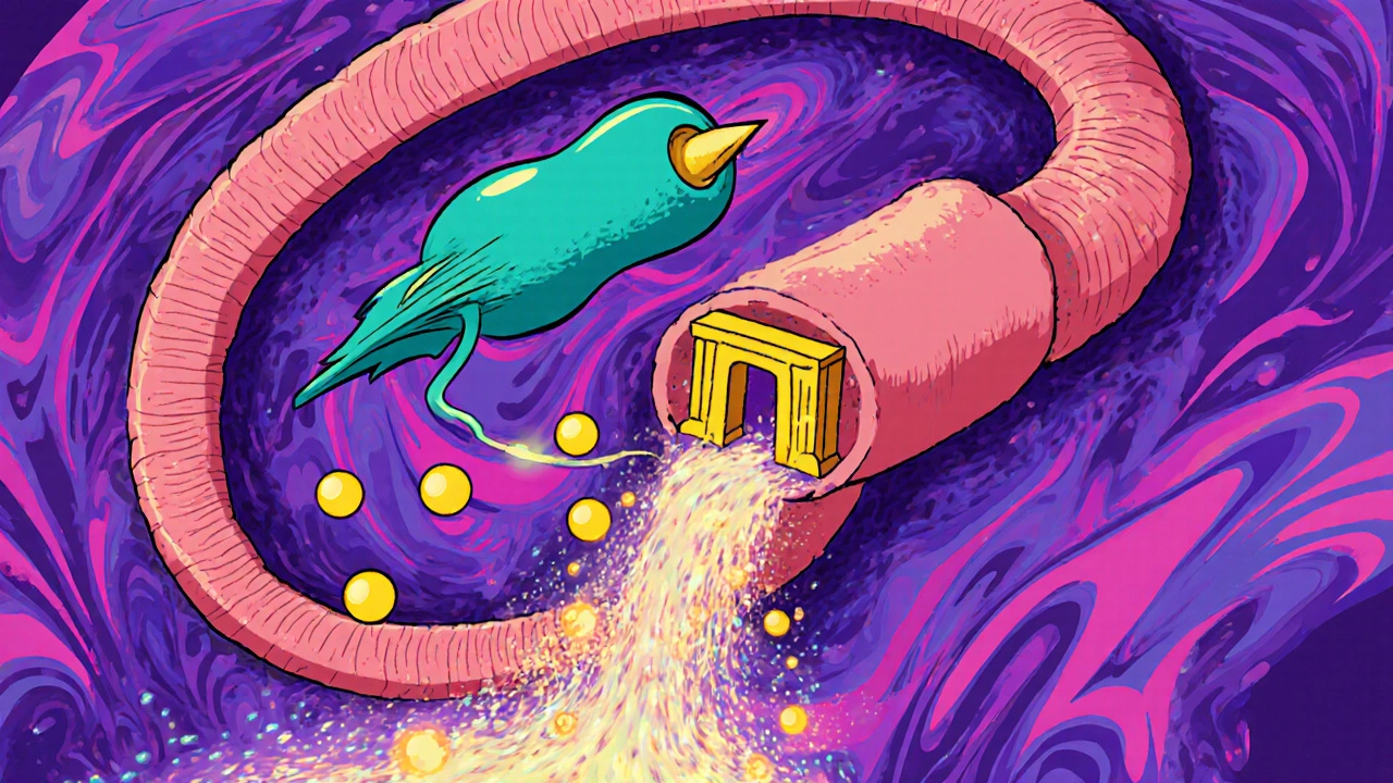 Cartoon kidney tubule with a teal Forxiga molecule blocking glucose transport into urine.