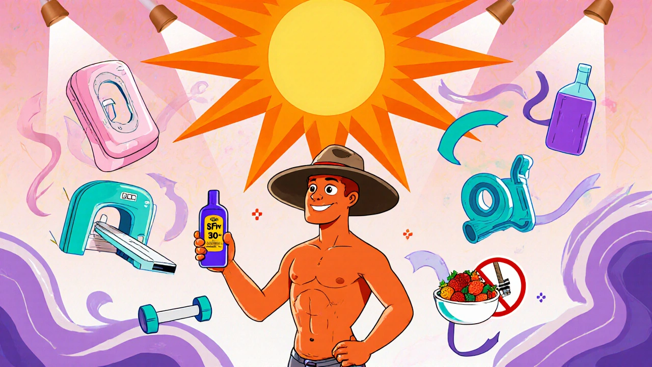 Cartoon melanoma survivor with sunscreen and icons for mammogram, colonoscopy, PSA, and CT.