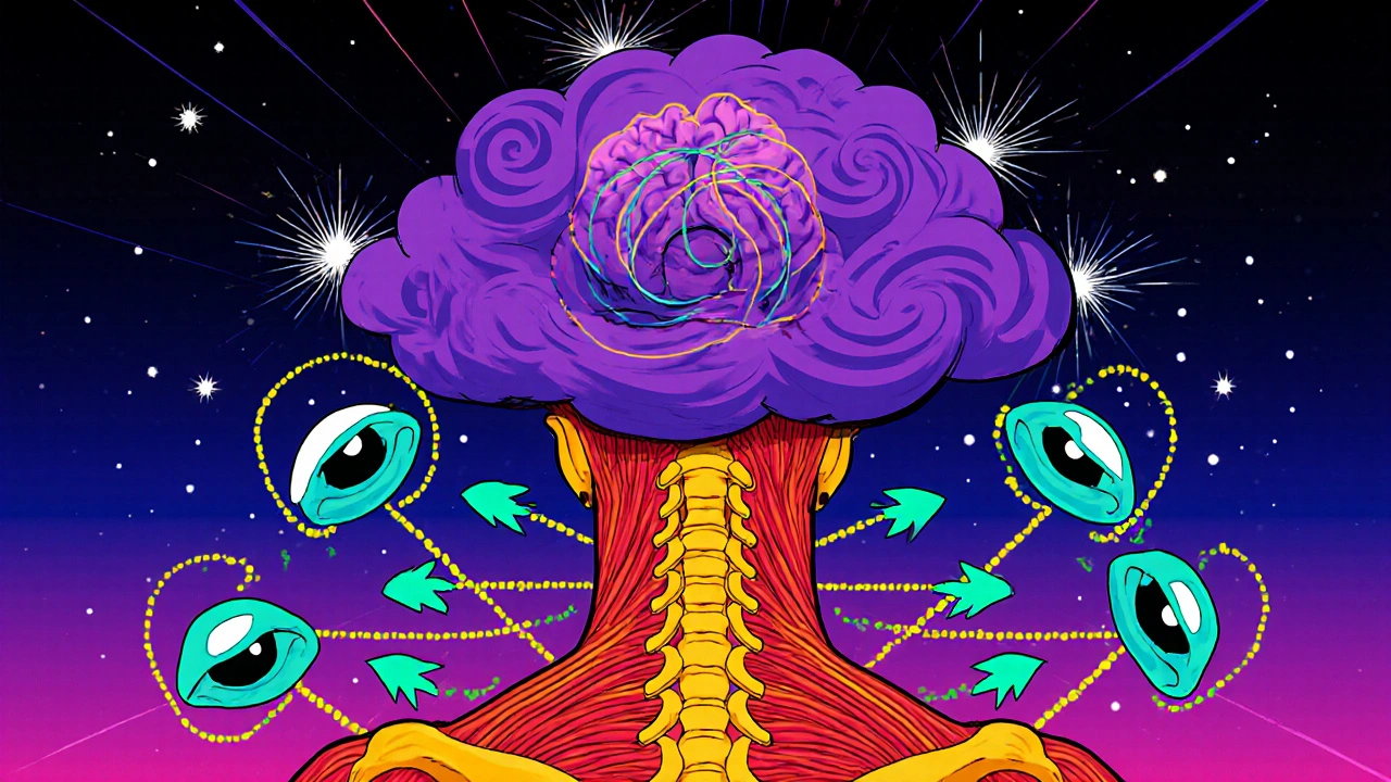 Cartoon network shows neck, shoulders, and eye muscles linked by colorful lines.