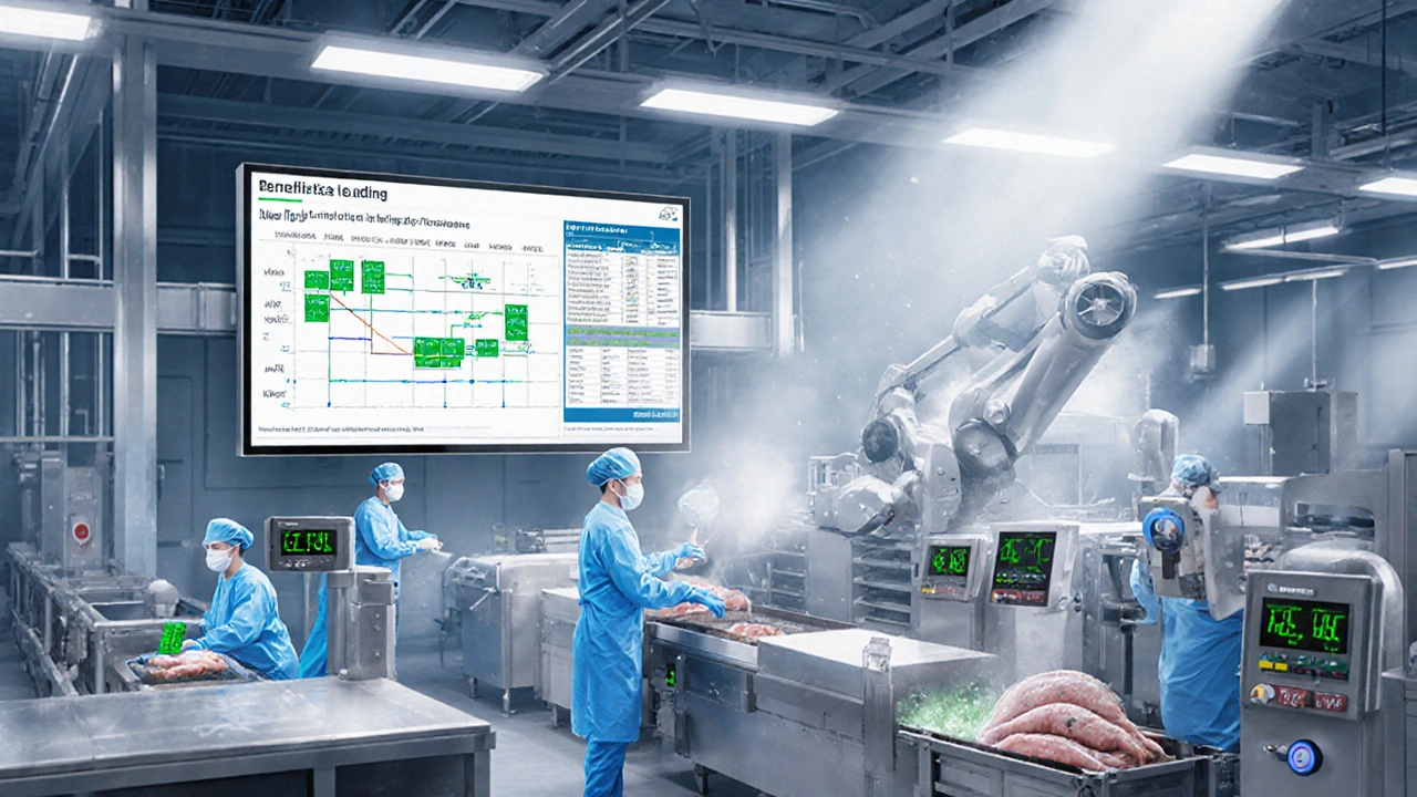 Clean poultry processing line showing temperature monitors, sanitising spray, and digital traceability screen.