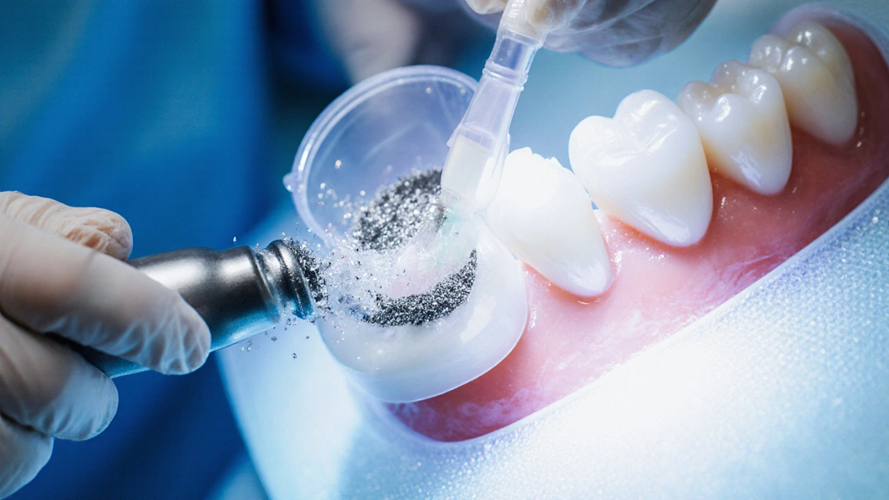 Close‑up of scaling, polishing, and fluoride steps on a tooth.