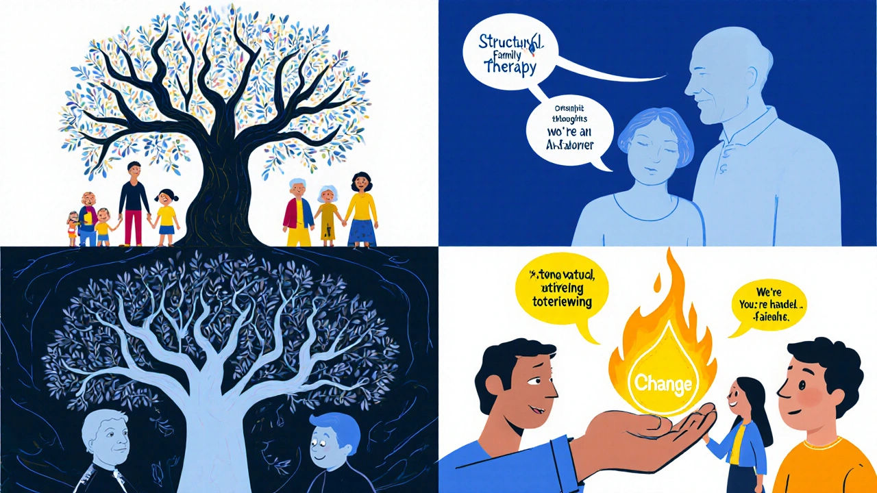 Collage of family therapy techniques illustrated in cartoon style.