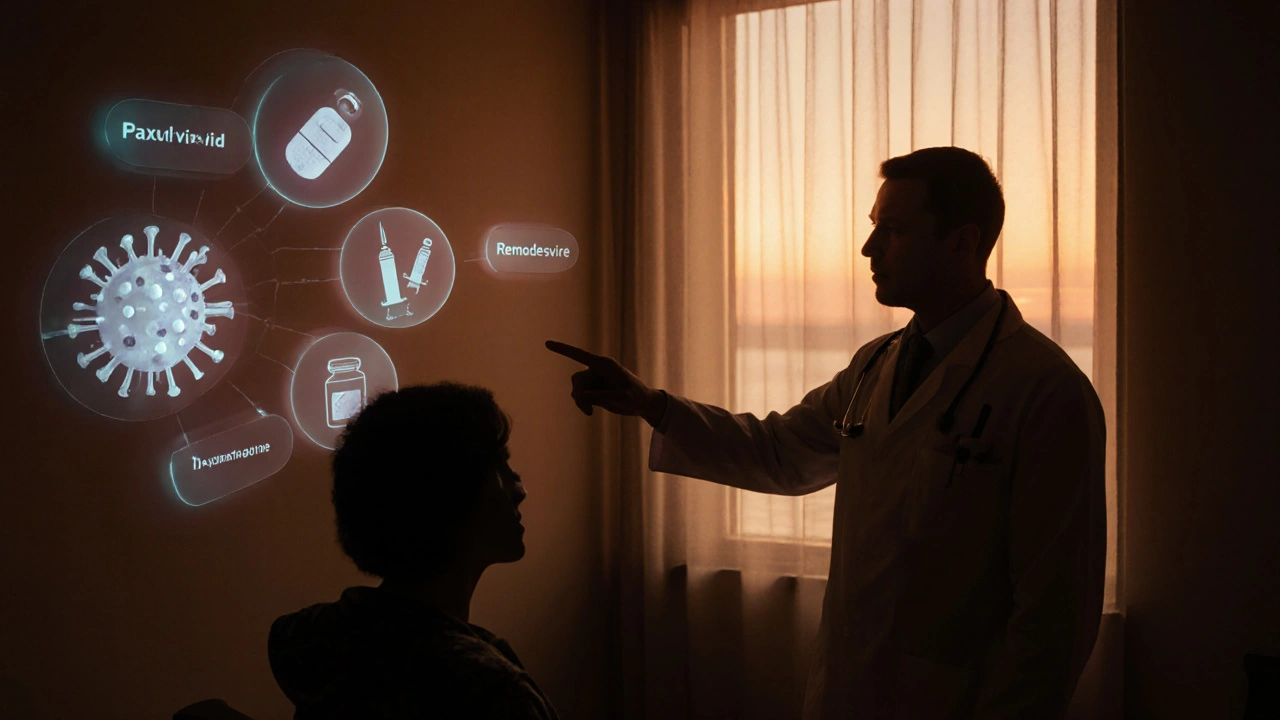 Doctor and patient discussing treatment options, surrounded by floating icons of pills and syringes in a warm-lit consultation room.