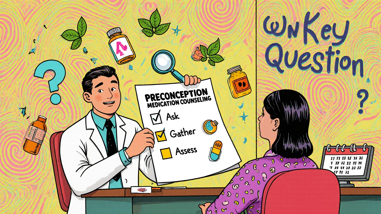 Doctor and patient reviewing a colorful four‑step medication checklist.