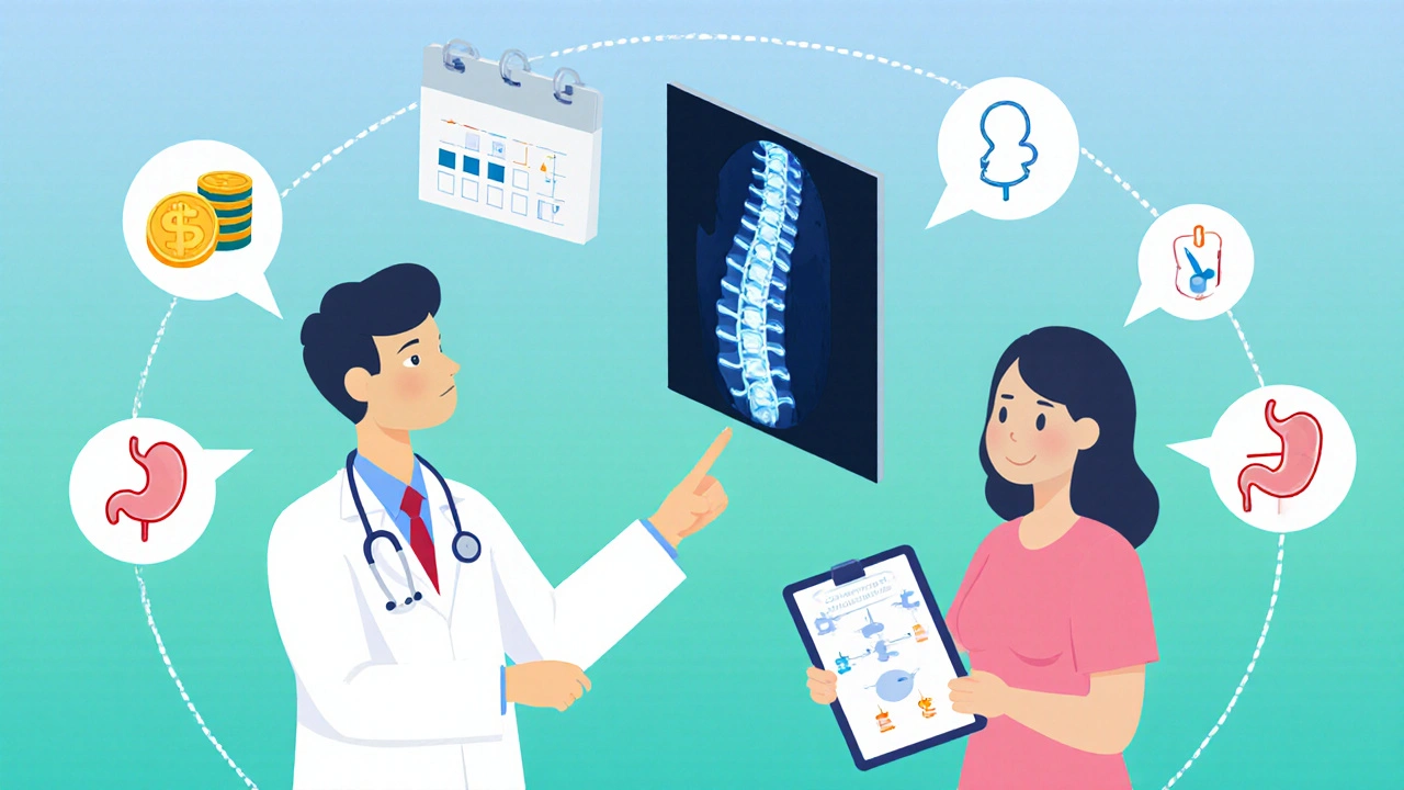 Doctor consulting patient with DXA scan and icons for cost, dosing, side effects, kidney, and pregnancy.