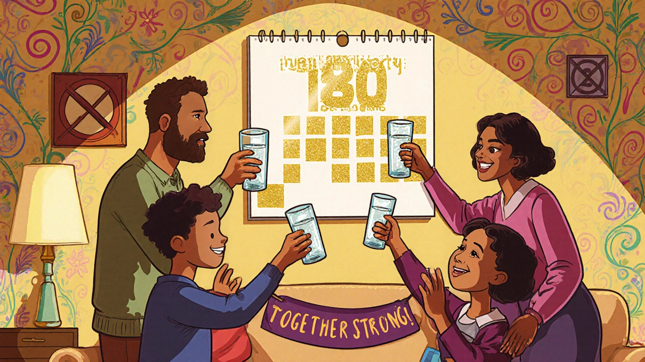 Family celebrating sobriety milestone at home, cartoon illustration.