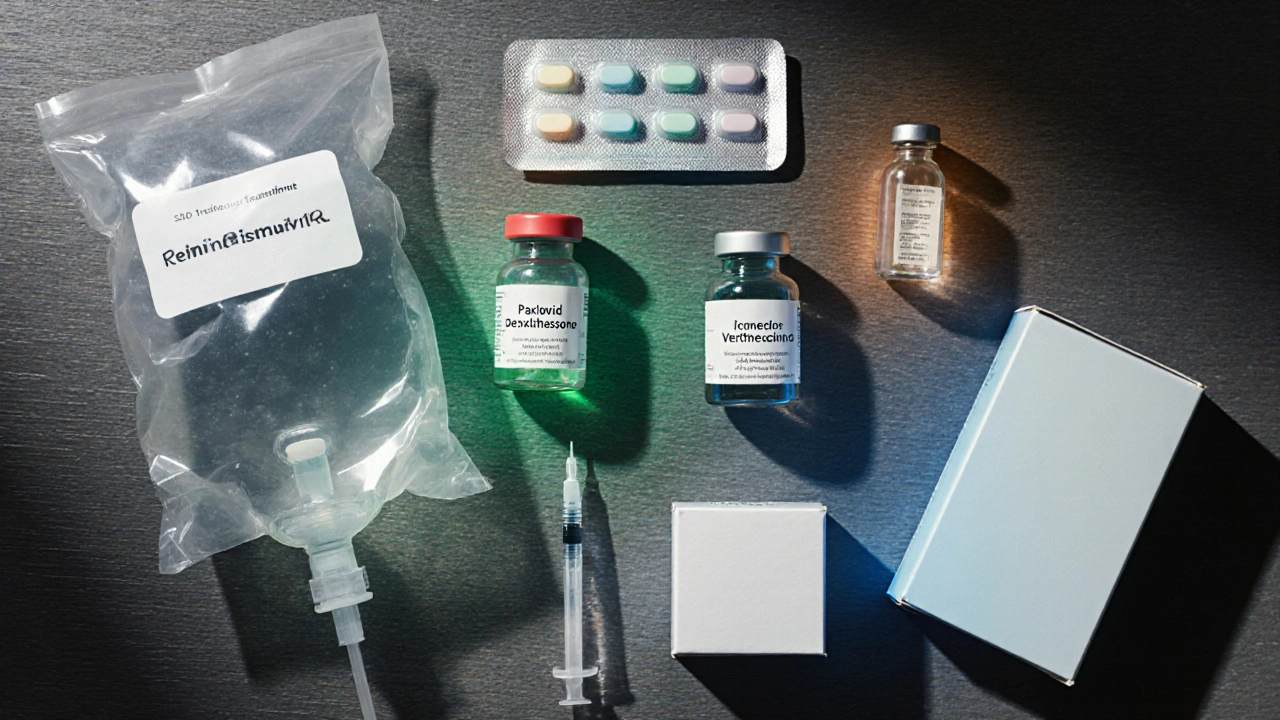 Flat‑lay of various COVID‑19 treatments: IV bag, tablets, vials, and syringes arranged on a wooden table with subtle colored glows.