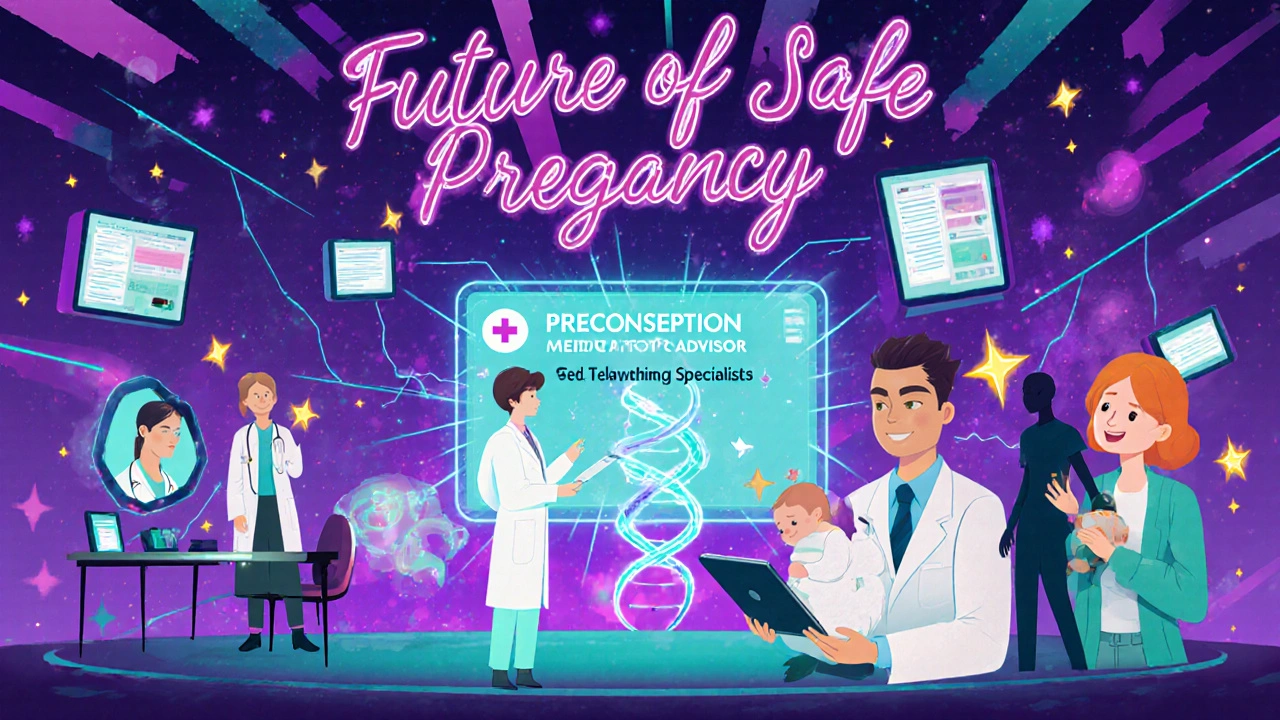 Futuristic clinic with AI hologram, floating meds, and happy newborn.