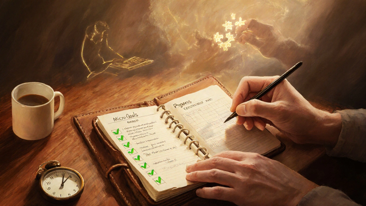 Hand opens a notebook with micro‑goals and check marks, background shows brief practice activity.