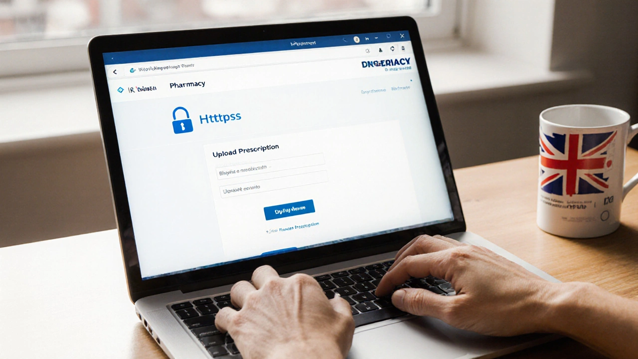 Hands uploading a prescription PDF on a secure UK pharmacy website on a laptop.