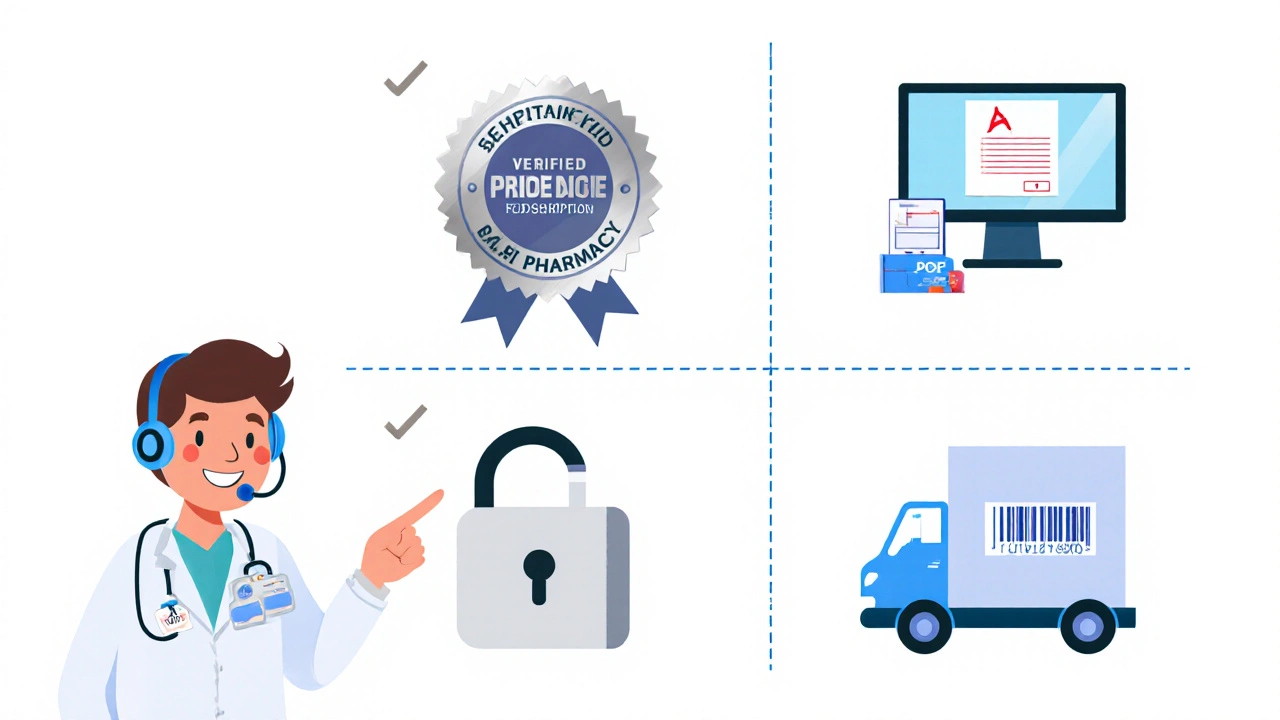 Illustrated checklist showing pharmacy seal, prescription upload, secure payment, and shipping box.