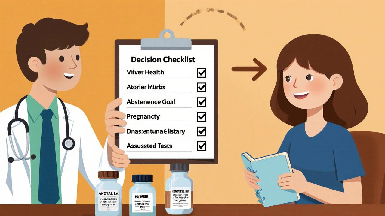 Illustration of a doctor and patient reviewing a medication checklist with lab vials and a tracking app.