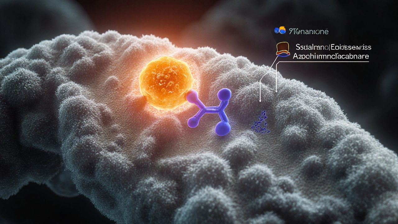 Illustration of fungal cell membrane with Butenafine blocking ergosterol synthesis.