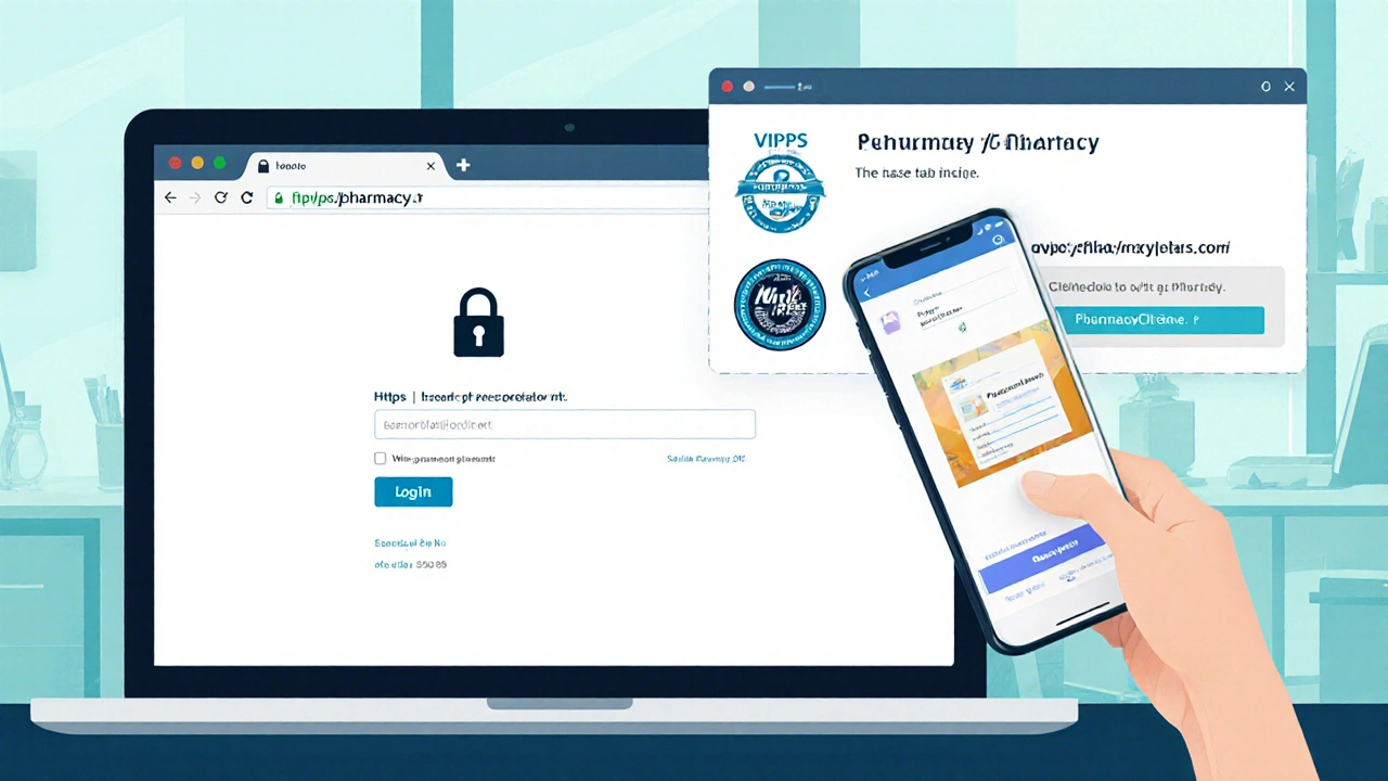 Laptop screen showing a secure pharmacy website with verification badges and a phone uploading a prescription.