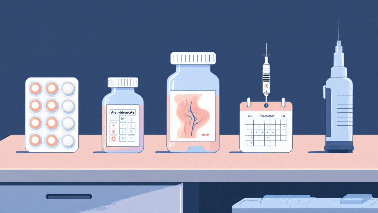Line‑art lineup of six bone drugs with tablets, IV bag, syringe, and injection device.