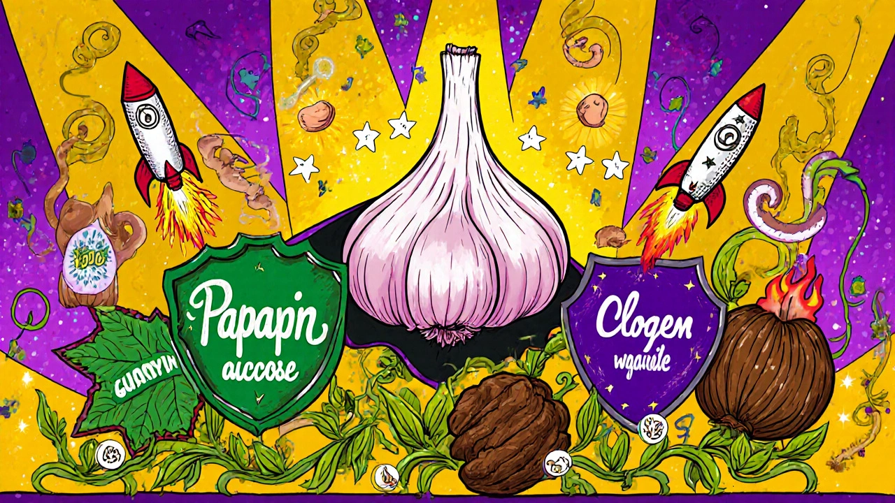 Lineup of cartoon herbs (garlic, papaya seeds, neem, wormwood, clove, black walnut) with parasite icons.