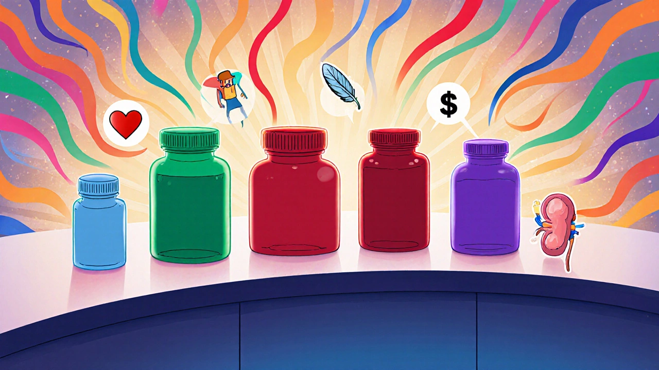 Lineup of four colorful diabetes drug bottles with heart, feather, dollar, and kidney icons.