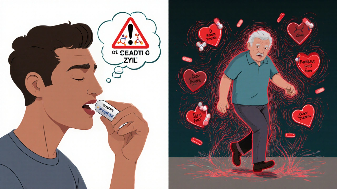 Man taking two antihistamines while elderly person stumbles surrounded by floating symptoms of overdose.