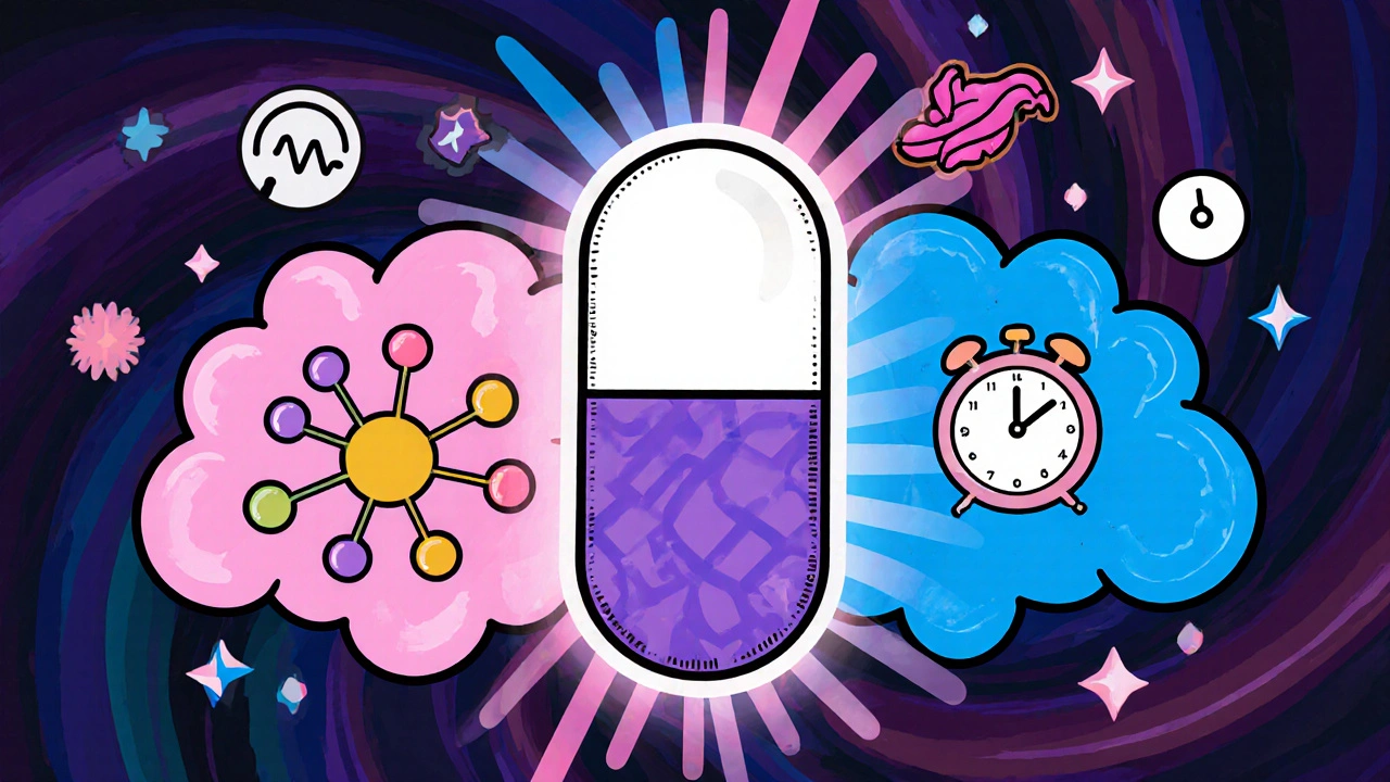 Molecules of sildenafil and dapoxetine merging into one glowing dual‑action pill.
