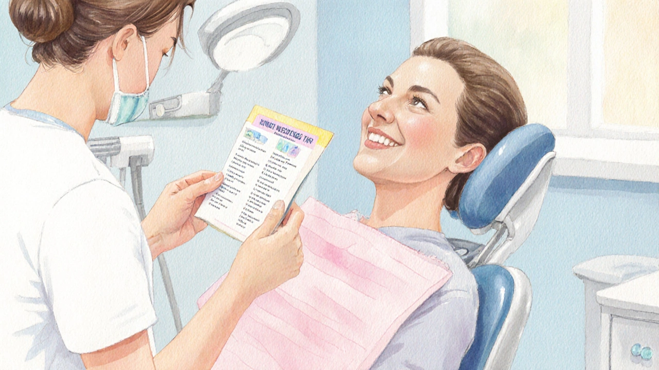 Patient admiring polished teeth after cleaning, receiving care advice.