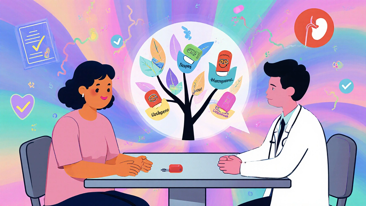 Patient and doctor discussing options with a floating tree of pill-shaped leaves.