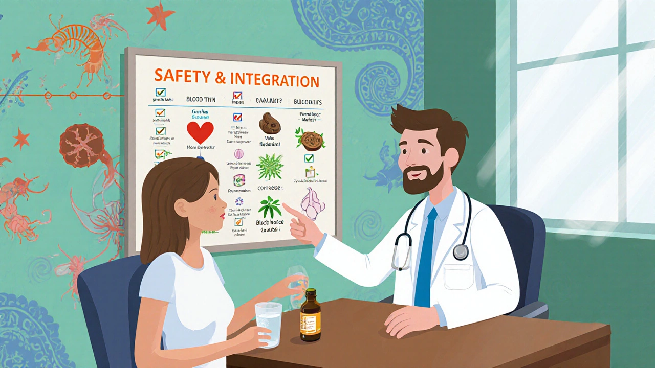 Patient and doctor reviewing a safety checklist while holding herbal remedies.