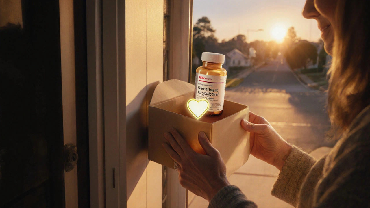 Patient opening a delivery box with generic clopidogrel bottle and glowing heart emblem at dusk.