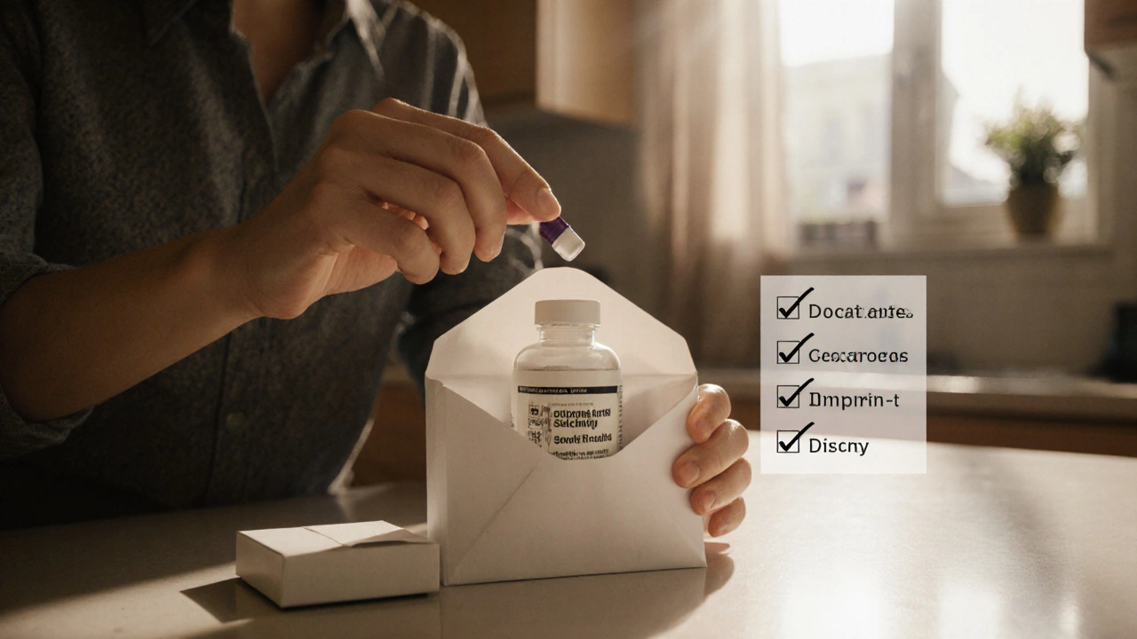 Person opening an unmarked package, inspecting a generic Viagra tablet for correct imprint.