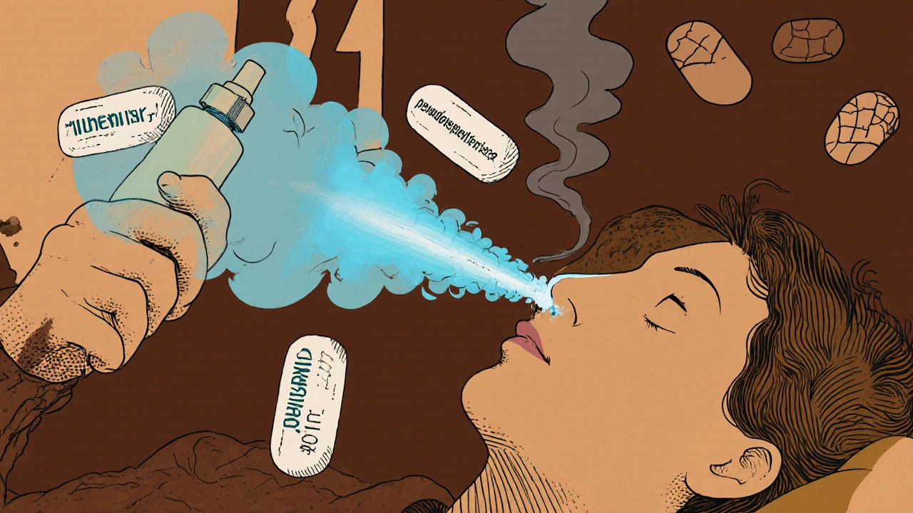 Person using saline spray as safe alternative, with dangerous pills dissolving into smoke in shadowy corner.