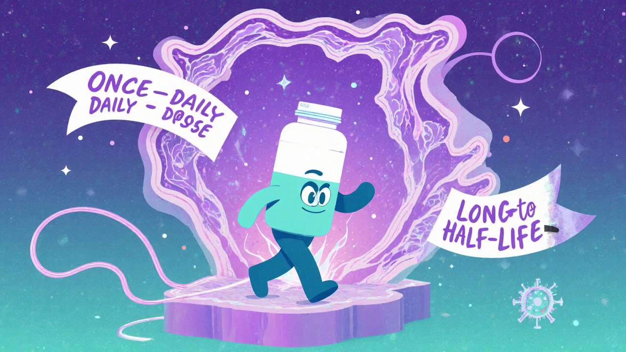 Roxithromycin molecule entering bone tissue, leaving a glowing trail.