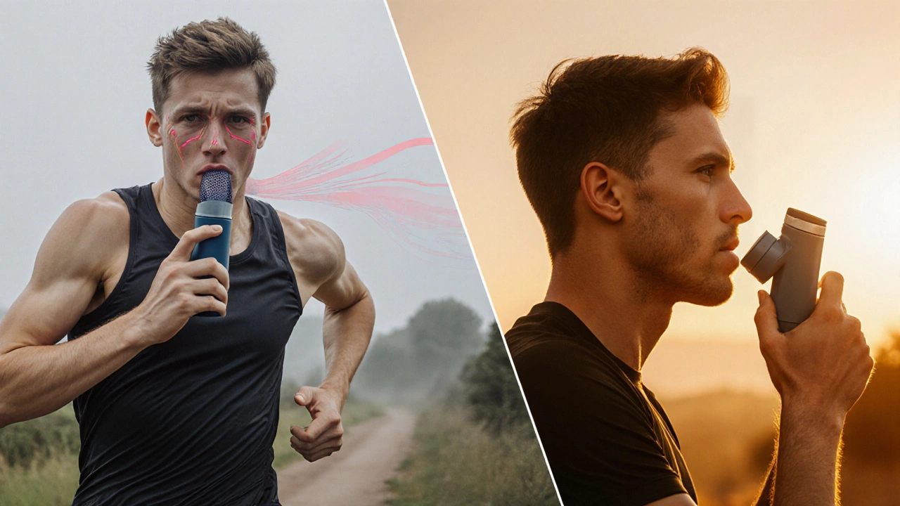 Runner before (trembling with Ventolin) and after (calm with Levalbuterol) using inhalers.