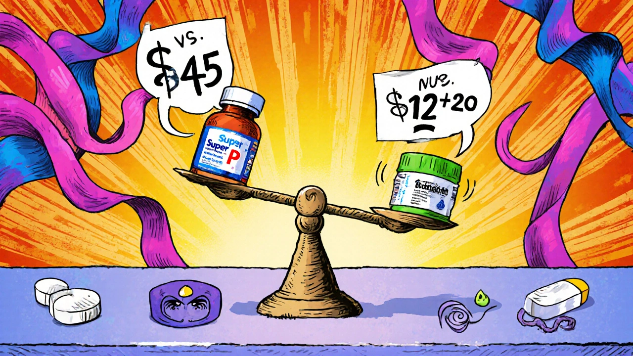 Scale weighing a single Super P Force pill against separate sildenafil and dapoxetine pills with price tags.