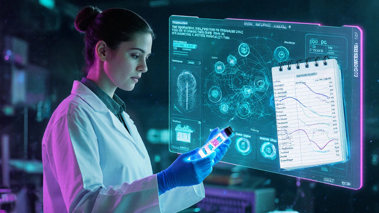 Scientist using rapid PCR device beside holographic AI dashboard predicting salmonella risks.