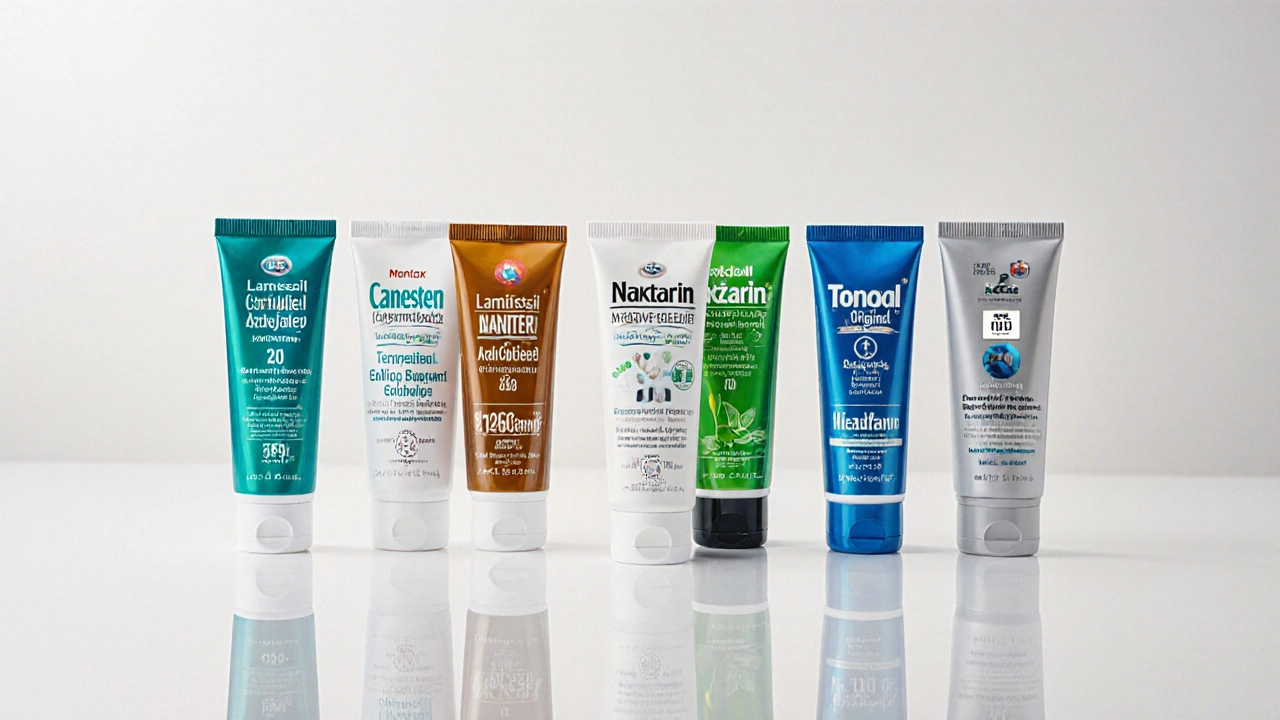 Six antifungal cream tubes arranged on white surface, each labeled with brand name.