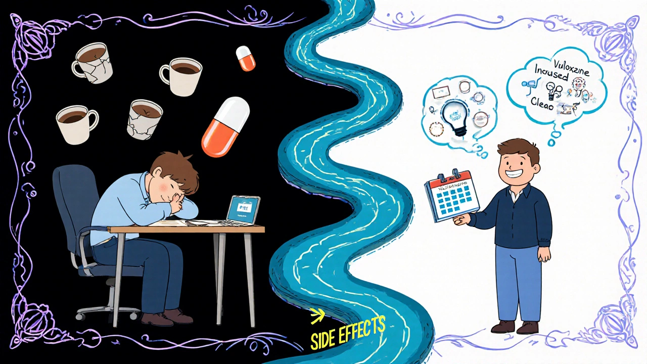 Split scene: tired worker with Clonidine vs. alert person with Viloxazine in retro psychedelic style