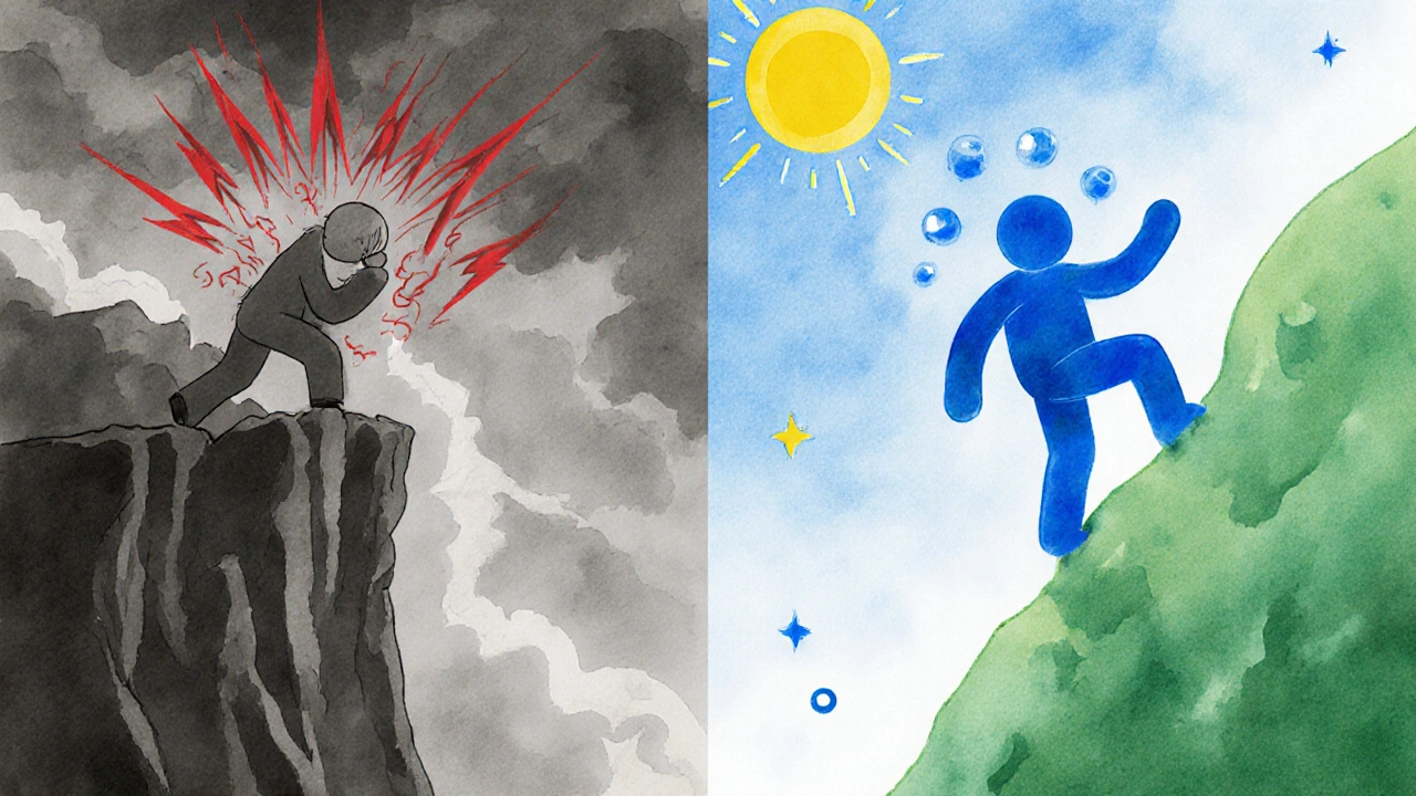 Split‑screen shows a hesitant figure with stress symbols versus an eager climber with dopamine sparks.