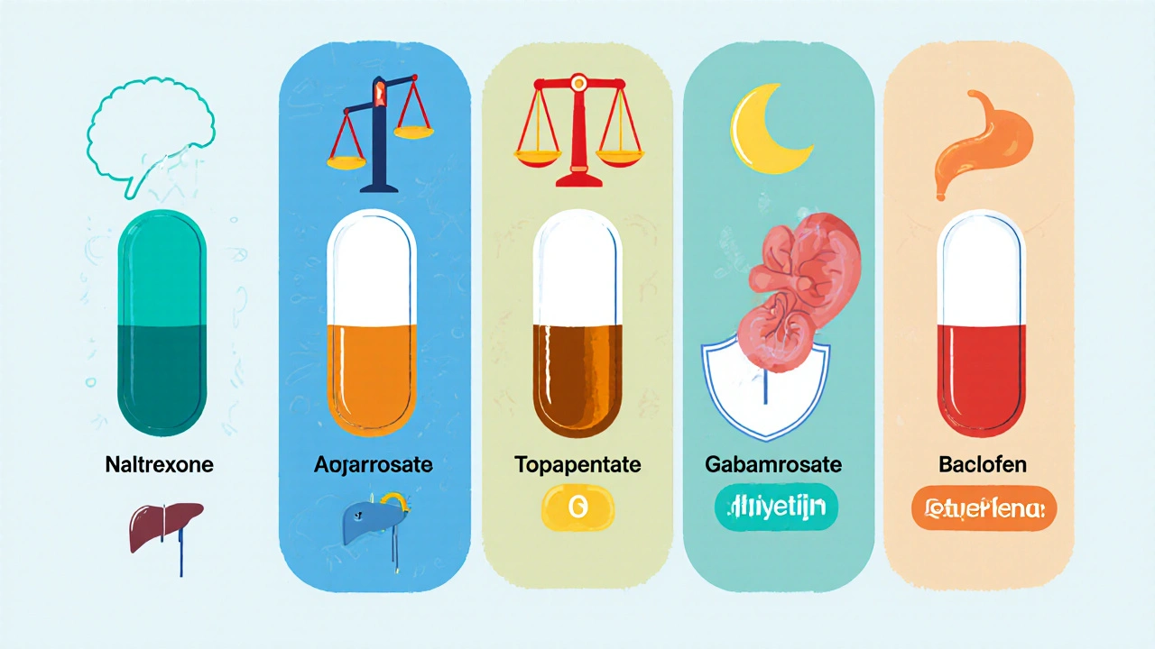 Technical cartoon showing five AUD pills with icons for their actions and organ safety notes.