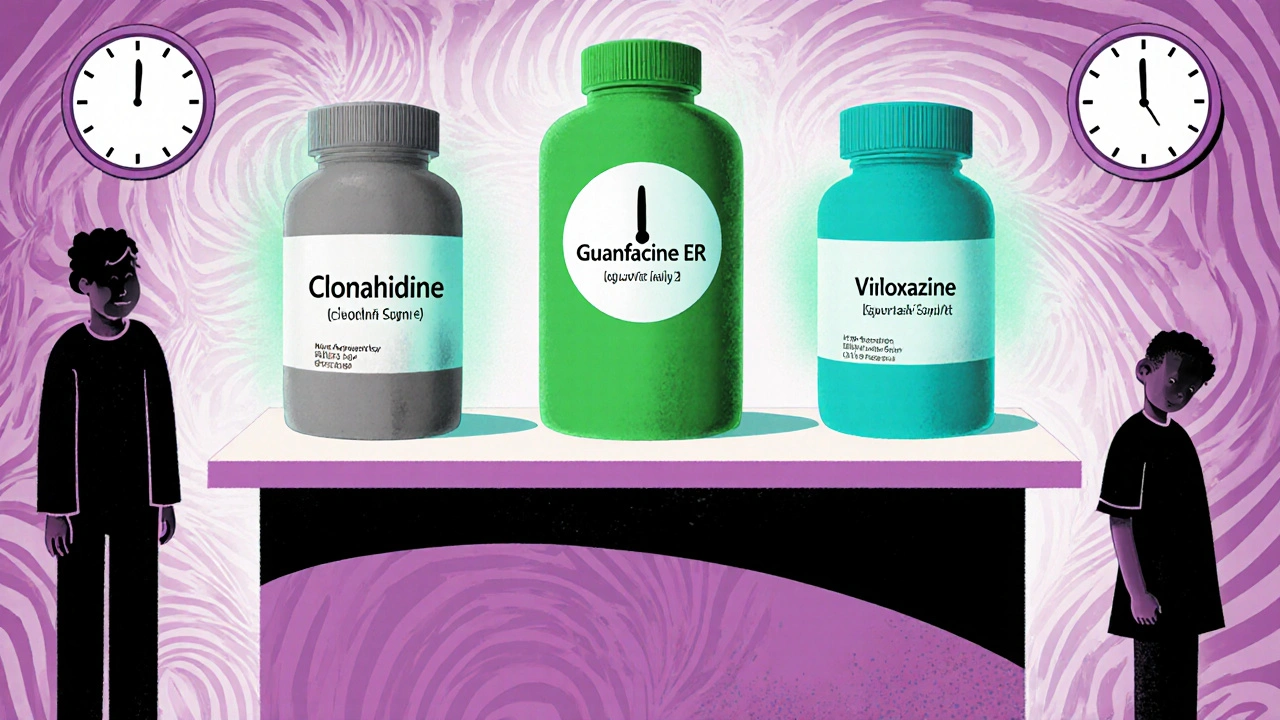 Three medication bottles with colored auras at a pharmacy counter, contrasting dosing schedules