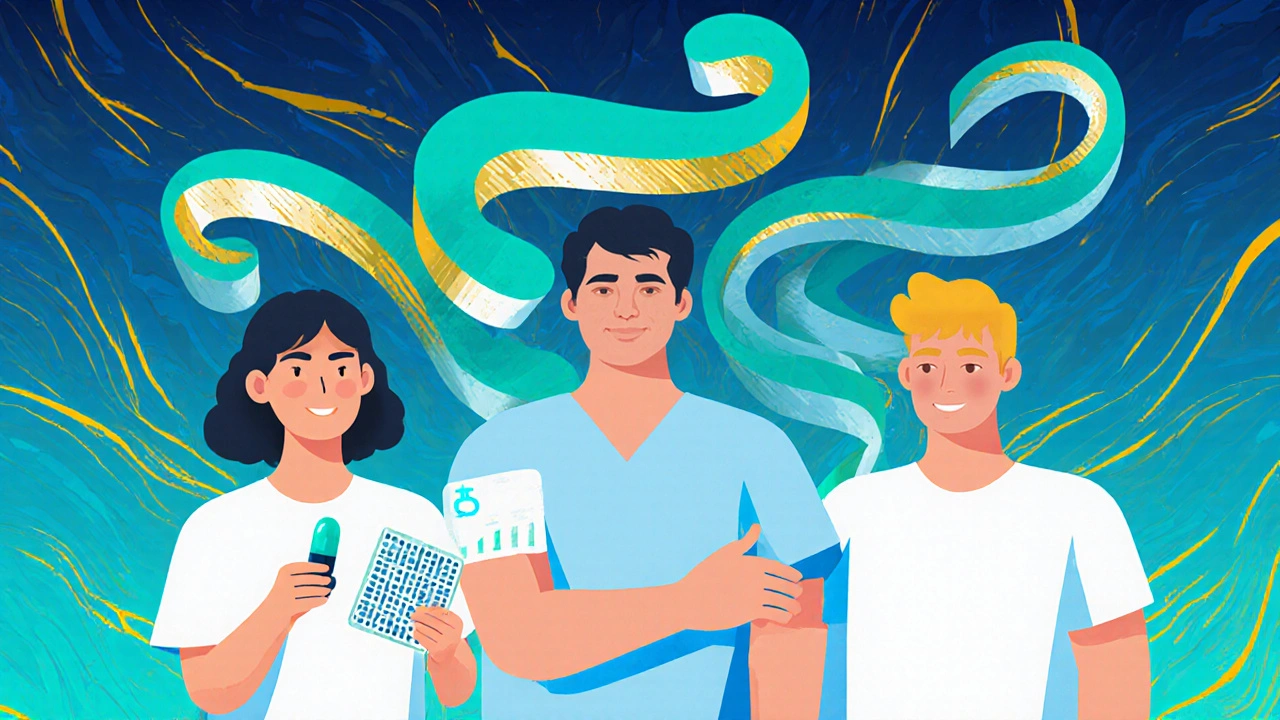 Three patients showing improvement, one with capsule, one with patch, data ribbon swirling behind.