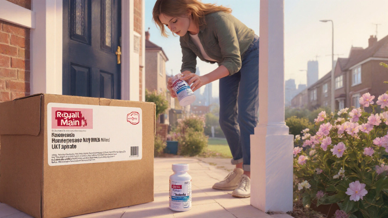 Woman opening a parcel of generic clomid tablets, inspecting the label.