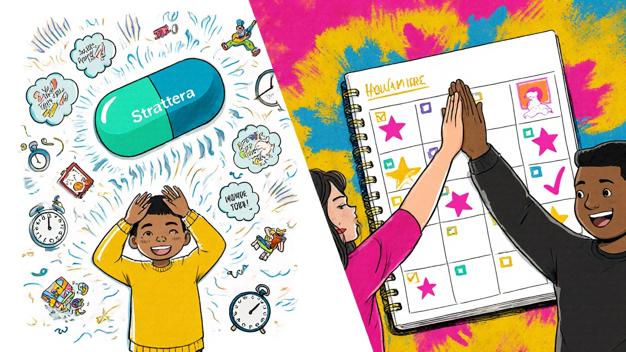 A child calmed by medication while using a colorful daily planner with a parent.